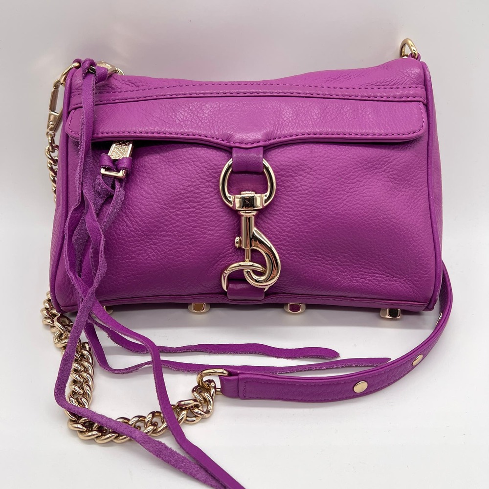 REBECCA MINKOFF Mini MAC Crossbody Bag Womens Purple Leather Chain Strap - Picture 2 of 16